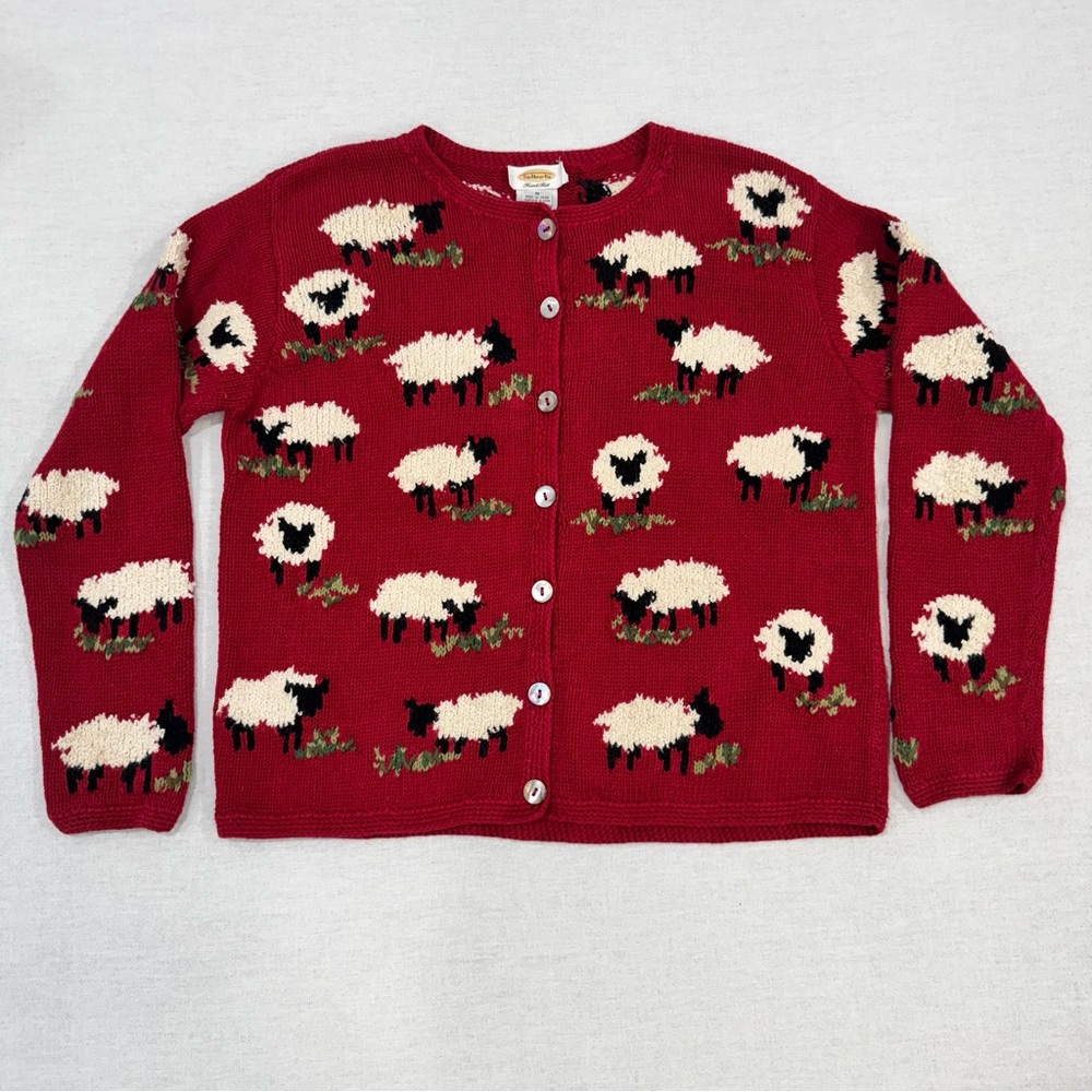 Vintage Talbots Linen Blend Hand Knit Cardigan Sweater Medium Grazing Sheep Lamb